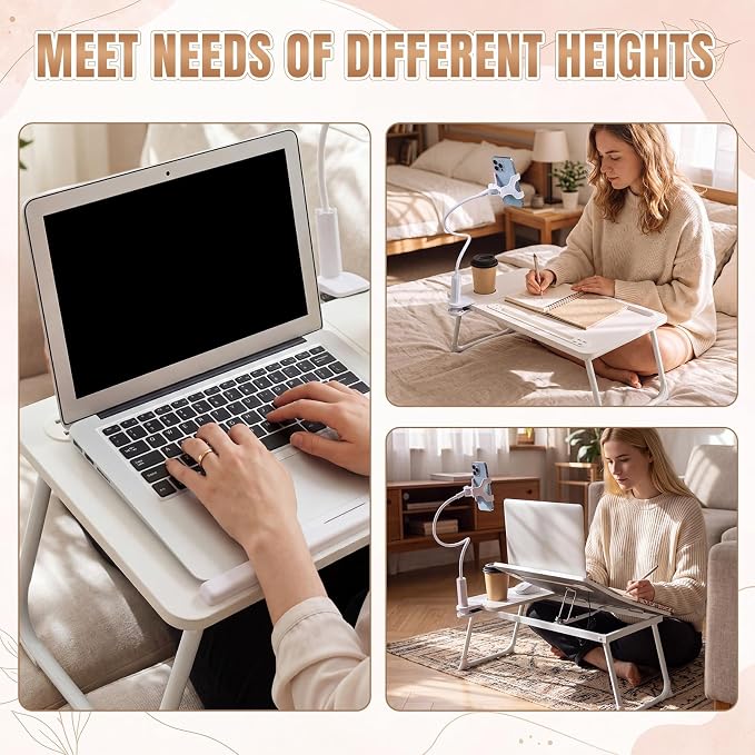 Nuanchu White 2 Pcs 23.6 in Laptop Desk for Bed with Adjustable Stand, Lap Desks for Adults, Bed Tray with Drawer & Phone Holder, Dorm Room, College Dorm (5 Gears) - Image 5