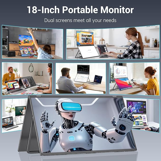 InnoView 18.5" Dual Portable Monitor 100Hz 2K 2560x1600P 100% sRGB Foldable & Stackable Design with 315° Screen Adjustment | DP/USB-C/HDMI, Second Monitor for Laptop, Mac, Windows - Image 2