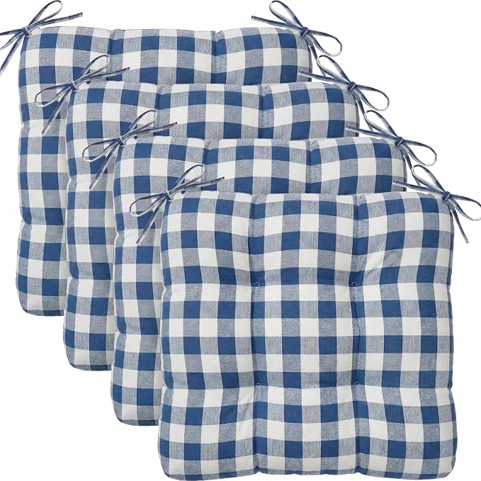 Geetery 4 Pack Chair Cushions, 16" x 15",Navy Blue and White,Plaid by Geetery