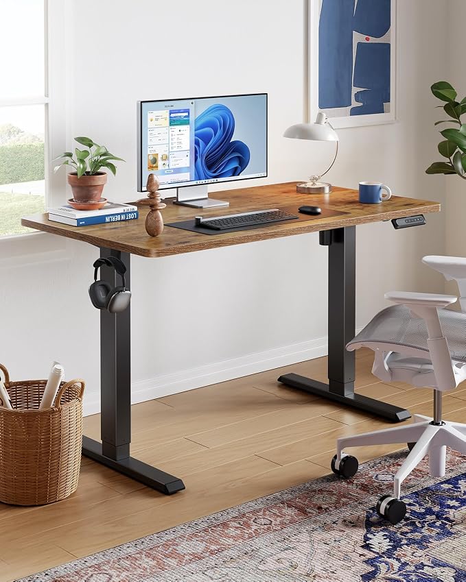 HUANUO 55x27 Inch Electric Standing Desk, Height Adjustable, Rustic Brown | 176 Lbs Capacity, Smooth Home Office Desk, 4 Memory Presets & Headphone Hooks, 28.3–46.5 Inch Height Range, Easy to assemble - Image 2