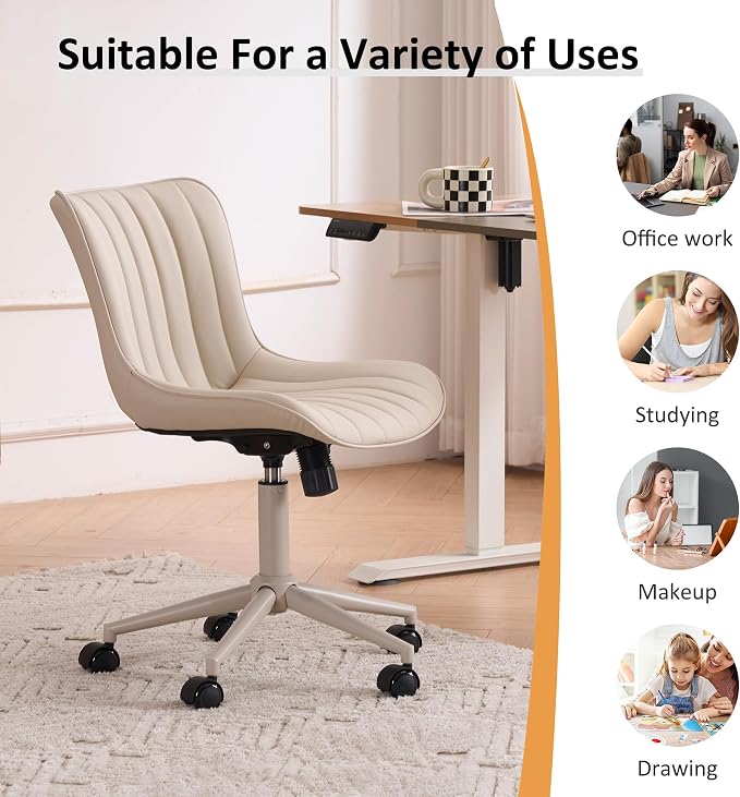 YOUNIKE Office Desk Chair with Wheels Armless Vanity Chair Ergonomic Cream | Faux Leather Upholstered with Rocking Back, Swivel Height Adjustable, Modern Small Cute Task Chair For Sewing Drafting - Image 8