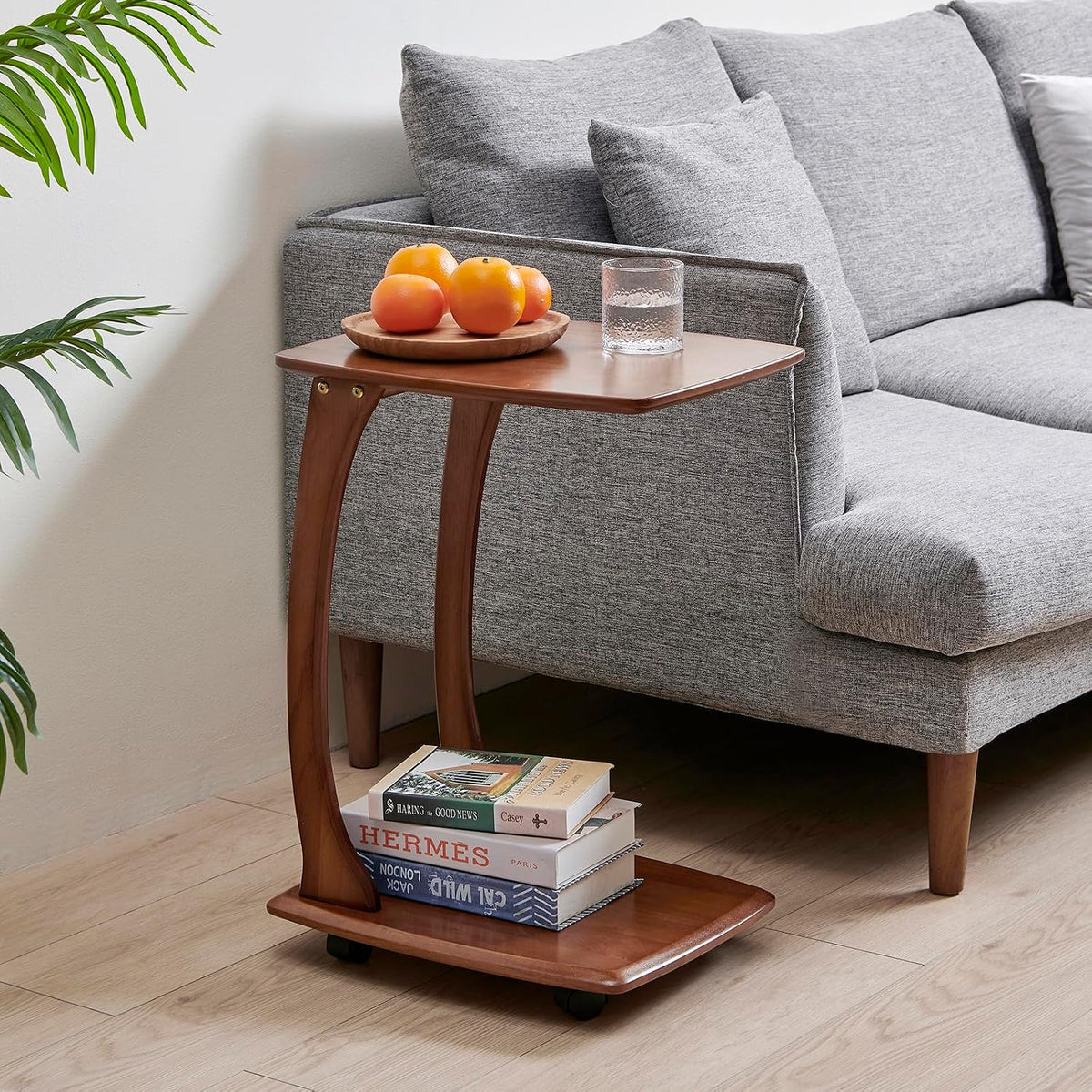 Solid Wood C Shaped End Table with Wheels,Walnut Color(13.7"W) - Image 6