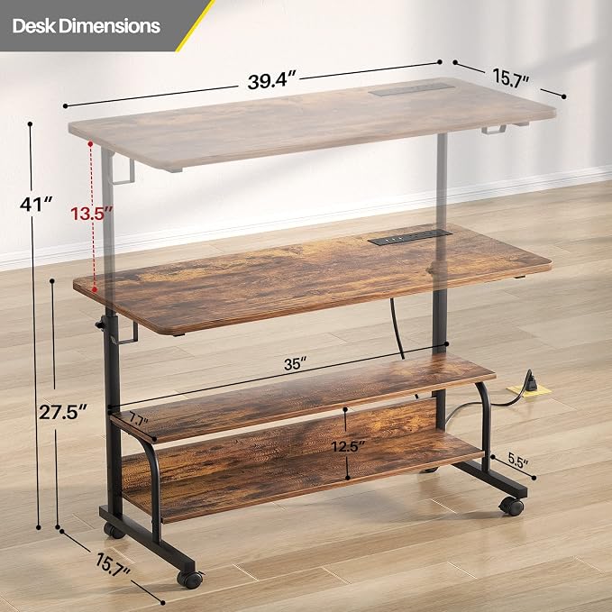 39" Rolling Standing Desk with Charging Station for Couch Bed | Height Adjust 27.5-41", 2 AC/3 USB, Mobile 4 Lockable Wheels, 2-tier Shelves Hook, Safe Corner Fast Assembly - Image 9