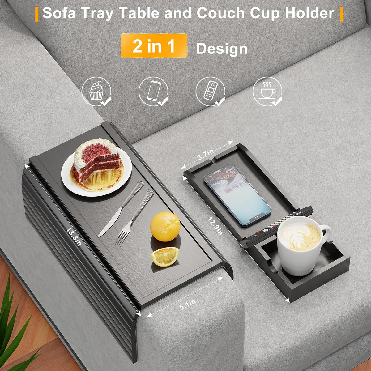 Bamboo Couch Armrest Table with Detachable Cup Holder Tray (Black) - Image 3