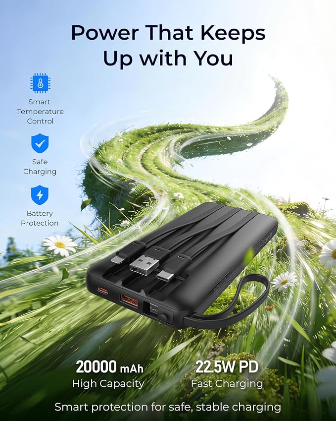 VRURC Portable Charger 4-Built-in-Cables 20000mAh Fast Charging Power Bank | Battery Protection,Flight-Approved,USB-C Cable,22.5W PD,Slim,Travel Essentials,Battery Pack for iPhone,iPad,Galaxy,Android - Image 3