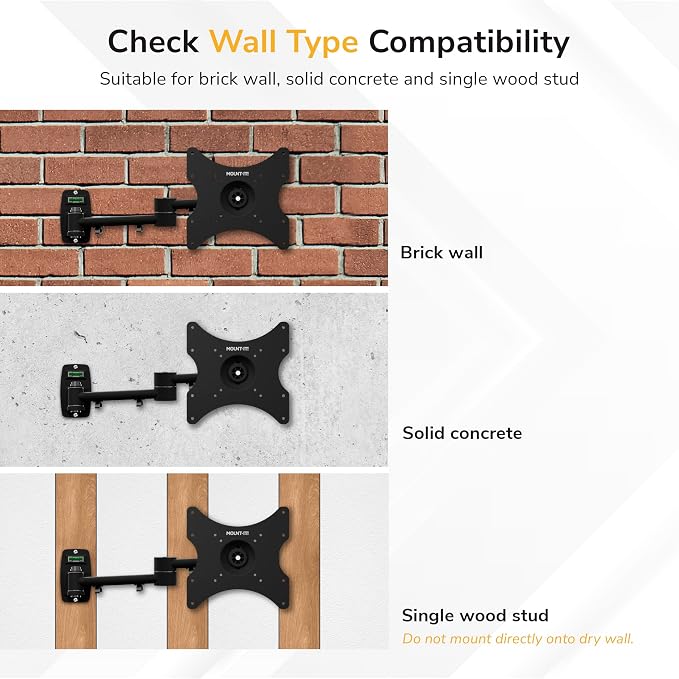 Mount-It! Full Motion TV Wall Mount Bracket for 13-42” Screens – 18" Articulating Arm, Quick Release Plate, Tilt Swivel Rotate, Anti-Theft Lock, Single Stud Install, Supports 44 lbs, VESA 75–200 - Image 5