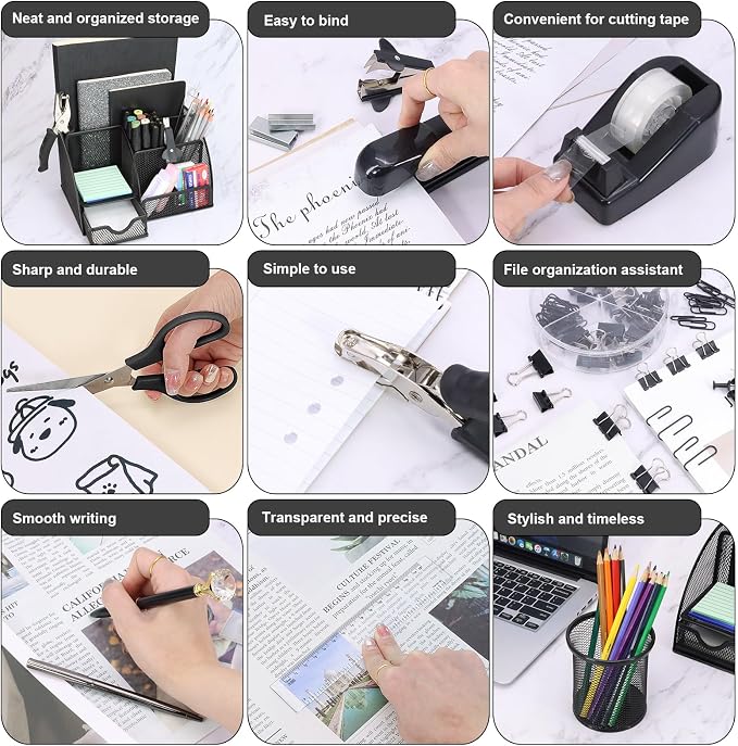 13-in-1 Office Desk Organizer Set for Back to School Supplies Accessories | Organizer Set with Stapler and Tape Dispenser, Pen Holder, Scissors, Ruler, Hole Punch, 2 Pens & More Desk Supplies - Image 4