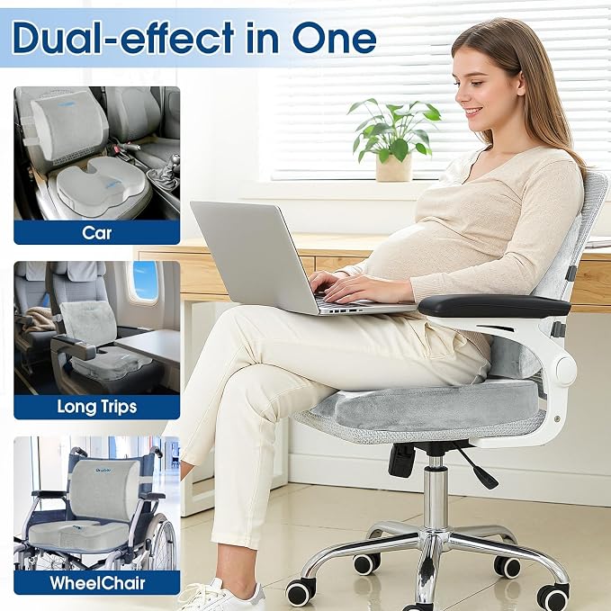 CloudBliss Ergonomic Seat Cushion & Lumbar Support Pillow Set, Light Grey | Back Pain & Sciatica Relief, Memory Foam Support, Adjustable Straps, Machine Washable Velvet, Perfect for Office, Car, Gaming - Image 7