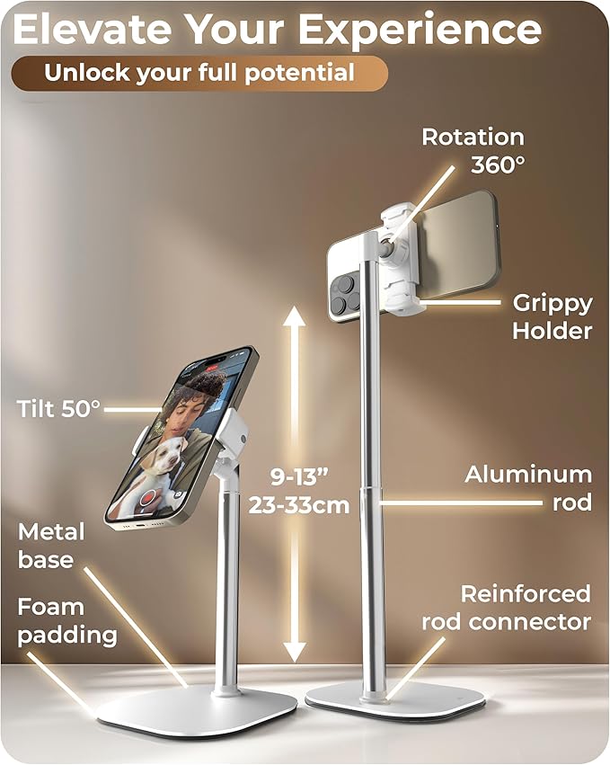 COOPER ChatStand Sturdy Cell Phone Holder, iPhone Stand for Desk, Recording | 9-13" Adjustable, Weighted Metal Base, Tabletop Tripod, for Filming, Video Calls, FaceTime; fits all iPhone, Samsung, Android - Image 6
