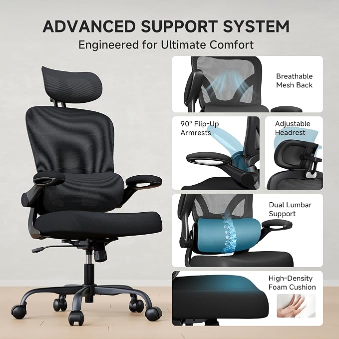 Ergonomic Office Chair, 330LBS Desk Chair with 3-Level Lumbar Support & Headrest, Breathable Mesh Backrest, Flip-Up Armrests for Home Office and Gaming, Black - Image 8