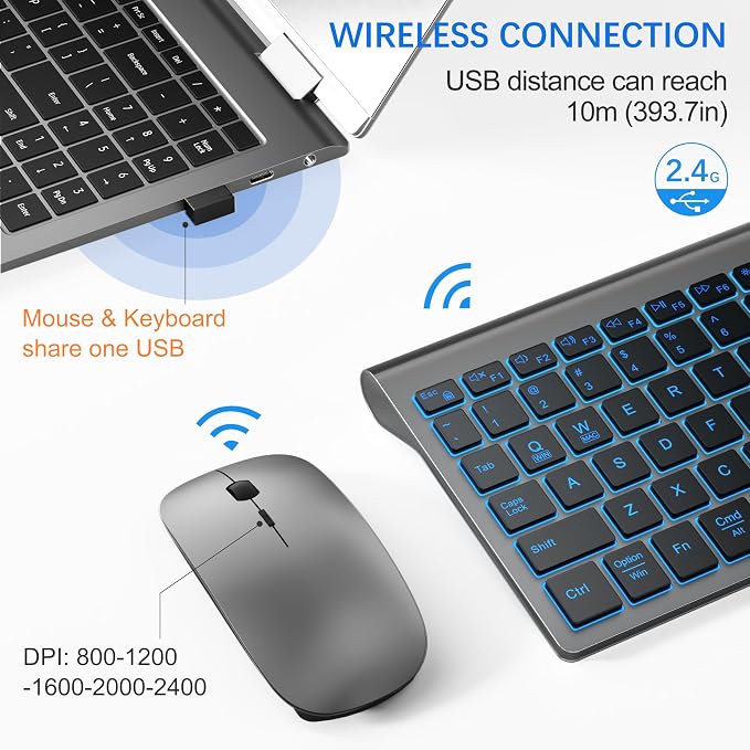 Wireless Backlit Keyboard and Mouse Ultra Slim Combo, TopMate - Gray Black | 2.4G Silent Compact 2400DPI Mouse and Scissor Switch Keyboard Set, Batteries Included, for PC/Laptop/Windows/Mac/Gaming - Image 4
