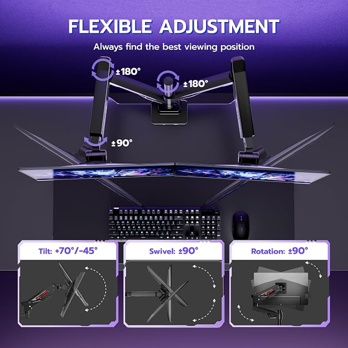 ARES WING Heavy-Duty Gas Spring Dual Ultrawide Monitor Arm57 60Lbs USB VESA | Height Adjustable & Extendable,Built-in USB Port,60Lbs Per Screen, Multi VESA Fit, Clamp & Grommet Base For Ultrawide Screens - Image 5