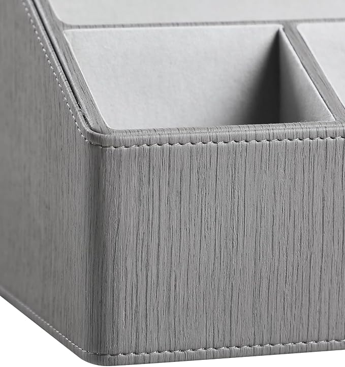 PU Leather Desk Organizer, Remote Control Holder, Grey | Luxury Nightstand Organizer for Home, Office Desk Accessories, Bedside Table Caddy with 5 Compartments, Velvet Lining - Image 7