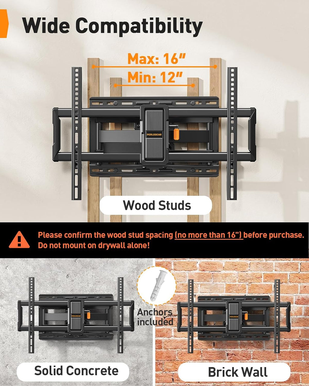 Perlegear TV Wall Mount Full Motion for 42–97 inch TVs up to 132 lbs - Image 3