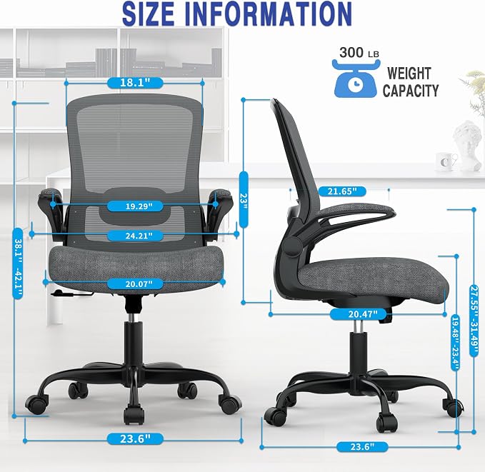 Ergonomic Office Chair w/Adjustable Lumbar, Flip Armrest, 135° Recline | Supports 300 lbs · Seat 19.48"–23.4" · Breathable mesh · 20–30 min assembly · 5-year warranty - Image 2