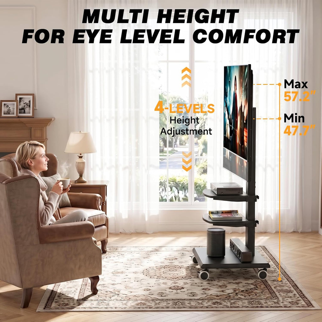 Rolling Floor TV Stand with Double Shelves, Height Adjustable Swivel Freestanding TV Mount with 2'' Lockable Nylon Casters, Solid Wood Base for 32-75 Inch TVs up to 110 lbs, Max VESA 400x400mm - Image 7