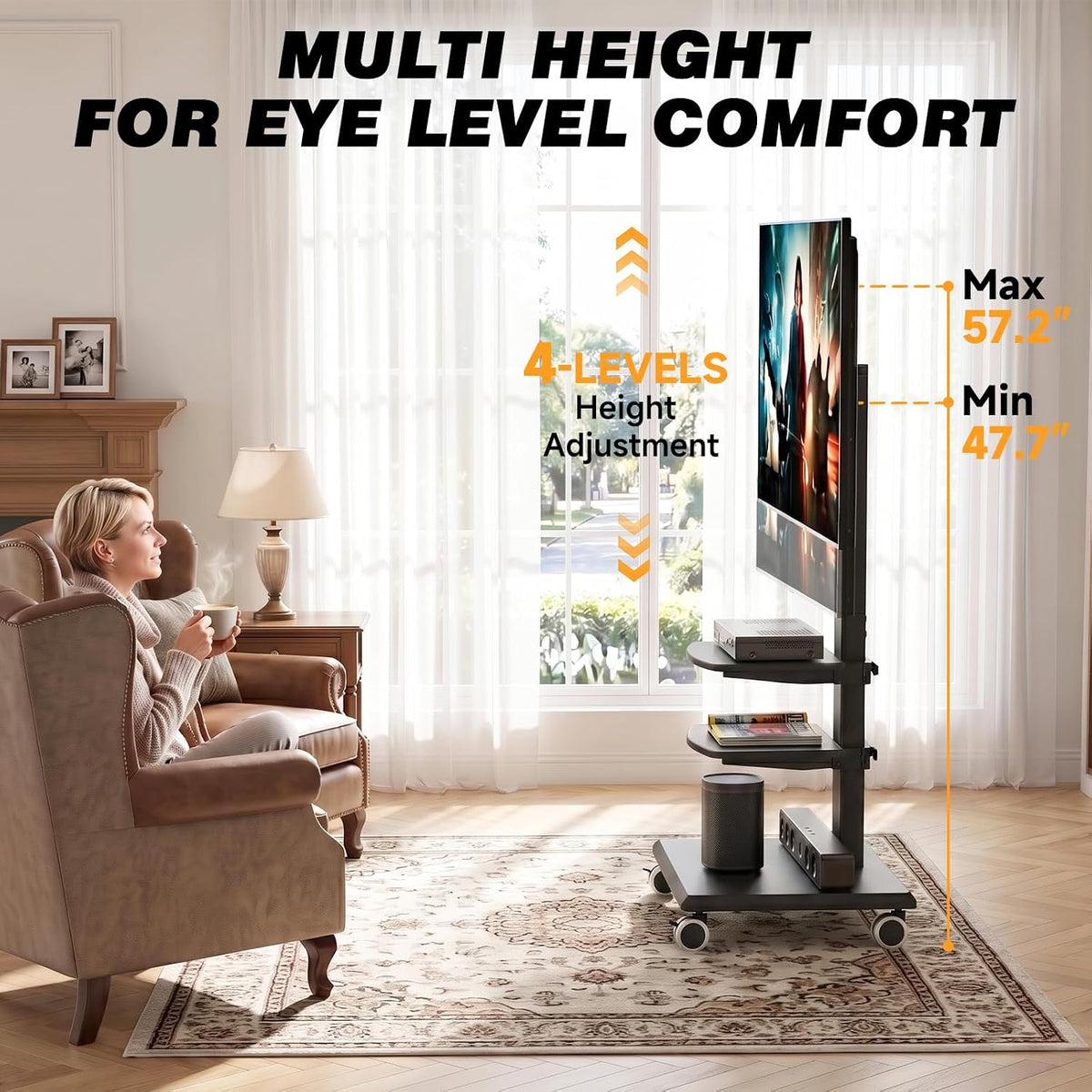 Rolling Floor TV Stand with Double Shelves, Height Adjustable Swivel Freestanding TV Mount with 2'' Lockable Nylon Casters, Solid Wood Base for 32-75 Inch TVs up to 110 lbs, Max VESA 400x400mm - Image 7