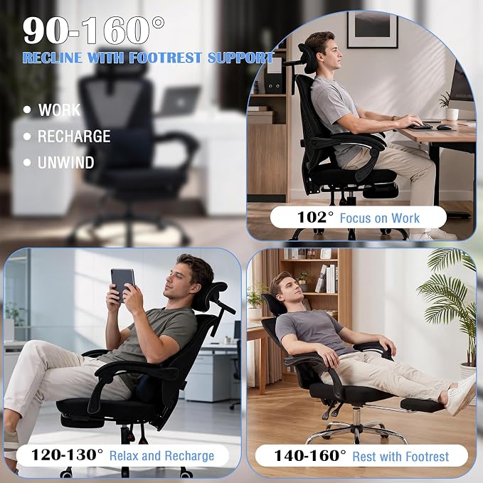 Ergonomic Office Chair with Footrest - Adjustable Lumbar Support & 3D Headrest, 90-160° Reclining Mesh High-Back Rolling Work Swivel Computer Chair-400lbs Capacity - Image 5