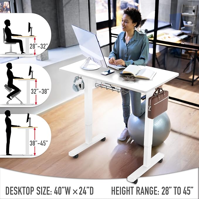 SHW Mobile Electric Height Adjustable Standing Desk w/Drawer, White | 40" Wide Top | w/ Memory Presets and Cable Management | Drawer with adjustable compartments | Hanging Hooks - Image 6