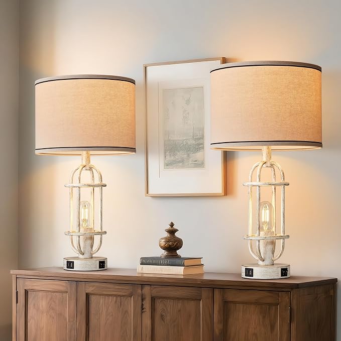 Reaketon 22.3" Farmhouse Table Lamps Set of 2, Vintage Lamps for Living Room End Tables, Bedroom Lamp for NightStand with USB C+A Ports, Antique White - Image 4