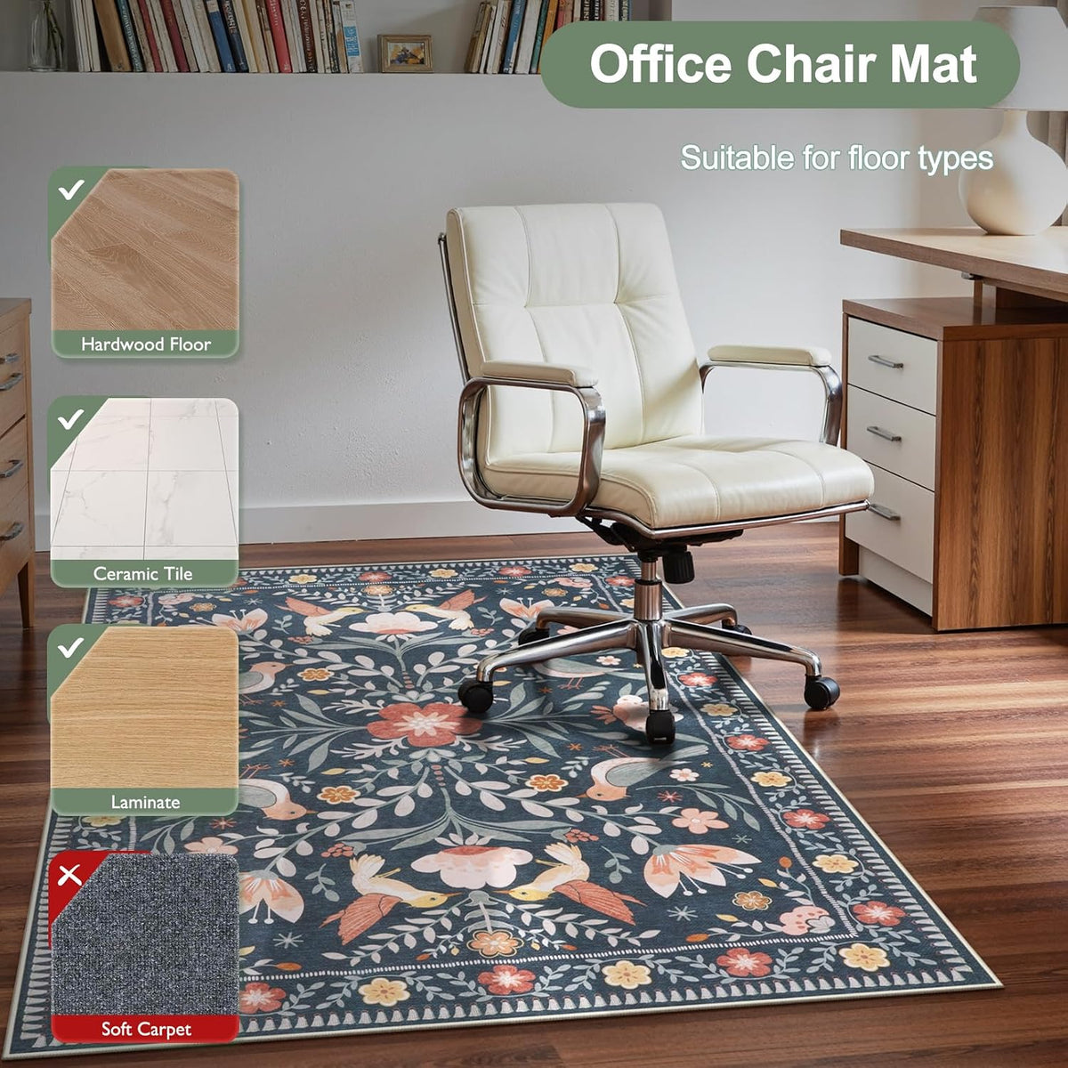 36"x48" Office Chair Mat for Hardwood Floor, Black Floral Computer Chair Mat, Anti-Slip Vintage Under Desk Rug for Office, Low Pile Bird Bug Office Rugs for Rolling Chairs - Image 5