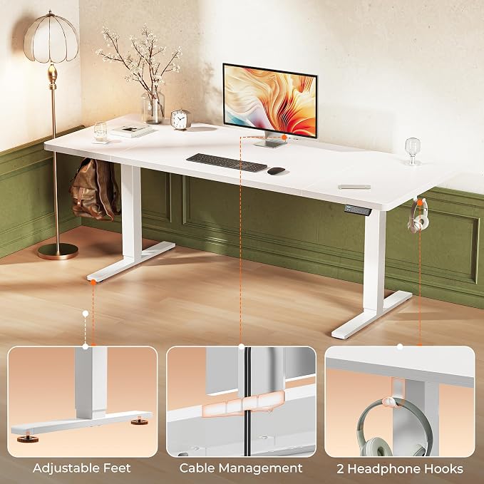 Huuger 71 x 30 Large Electric Standing Desk, Height Adjustable Computer Desk, 29.5" Deep Desktop, Stand up Gaming Office Table with 2 Hooks, 3 Preset Heights, for Home Office, White - Image 9