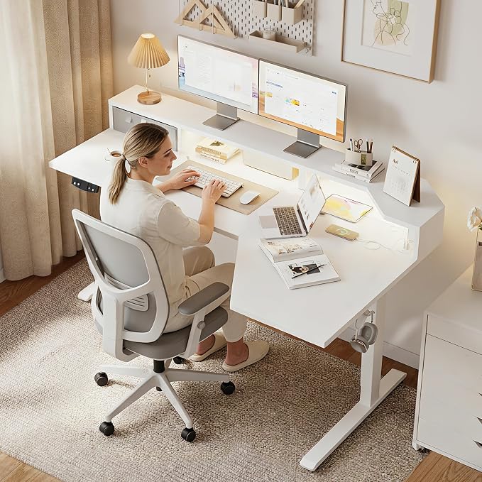 Agilestic 63*35 Inch L Shaped Standing Desk with Shelf & Led& Outlet, White | Outlets&Led, Monitor Shelf, L-shape Workspace, Sturdy Steel Frame, Memory Preset, Hooks, 154 lbs, Easy Assembly, Splice Board - Image 2