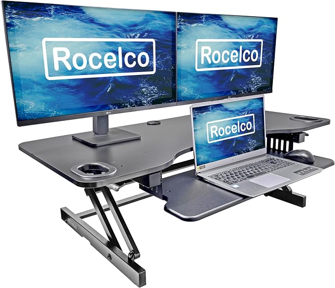 Rocelco 45" Height Adjustable Standing Desk Converter - Slide Out Retractable Keyboard Tray - Sit Stand Up Triple Monitor Riser - Dual Piston Lift Tabletop Computer Workstation - Black (R ADRB-45) - Image 4
