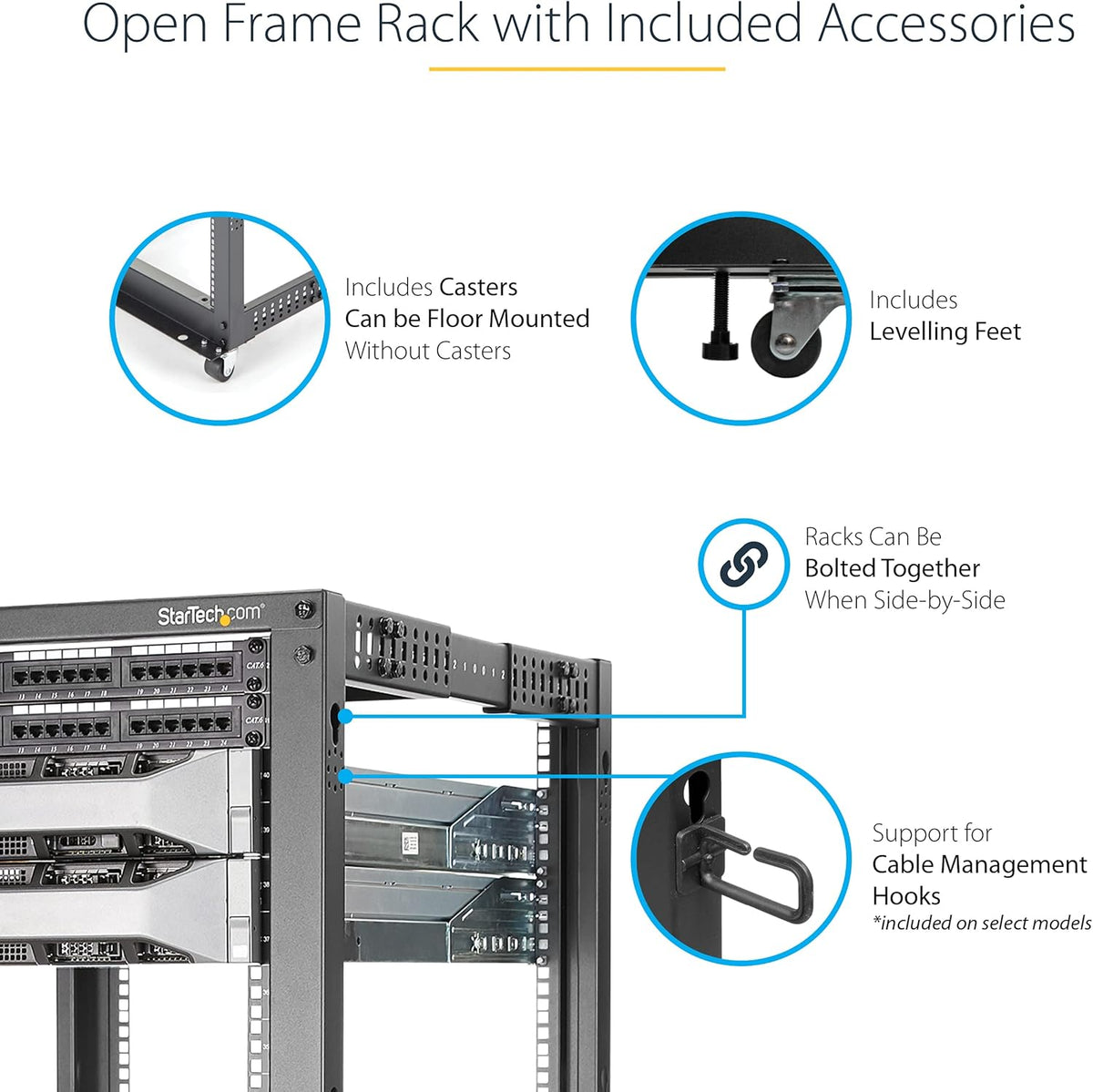 StarTech 18U 4-Post Server Rack, 19in Open Frame Rack with 40in (101cm) Mounting Depth and 1200lb (544kg) Weight Capacity, Mobile or Floor Mount IT Rack - Image 4