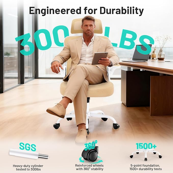 Office Chair - Ergonomic Desk Chair Breathable Mesh Chair with 2D Headrest & Adjustable Lumbar Support - Executive High Back Rolling Swivel Computer Gaming Chair with Wheels Flip-up Armrests - Image 7