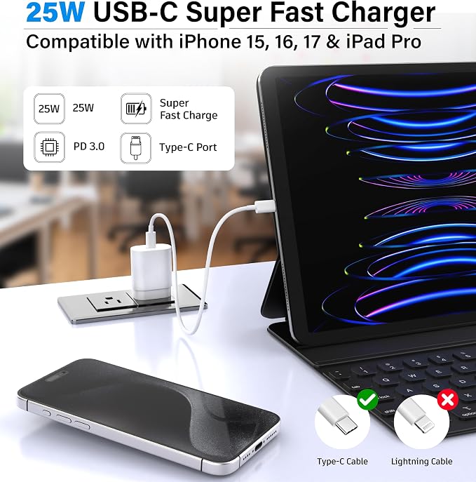 TT&C 2-Pack 25W USB C Fast Charger with 6FT Long Cable (White) | PD 3.0 Fast Charging Adapter Wall Plug Compatible with Samsung Galaxy S26, S25, S24, S23, S22 & iPhone 17/16/15 Pro Max - Image 7