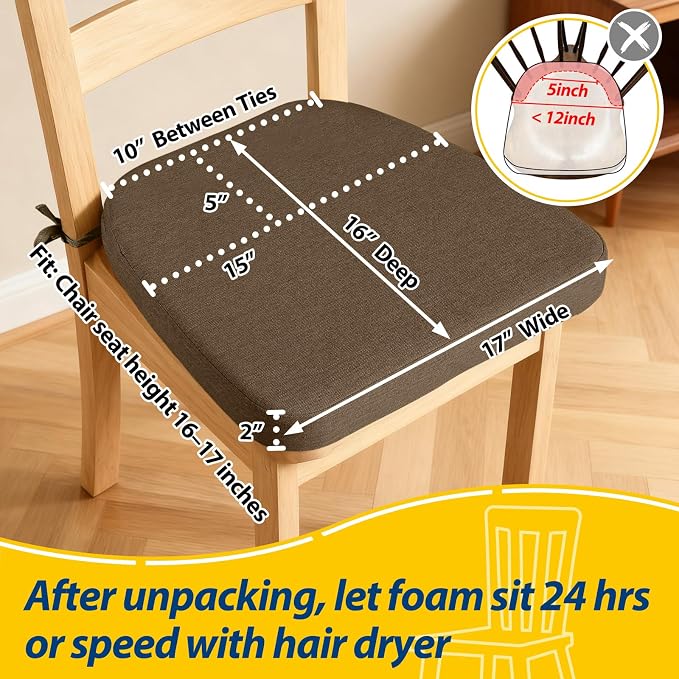 AAAAAcessories D-Shaped Chair Cushions, 2" Thick Dining Chair Pads with Ties and Removable, Machine-Washable Cover, 17" x 16", Set of 6, Taupe - Image 2
