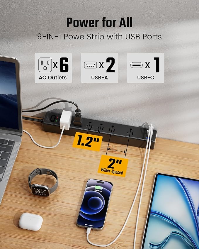 15Ft Long Extension Cord, SUPERDANNY Flat Plug Surge Protector Power Strip | 6 Outlets & 3 USB, Flat Plug Power Strip Wall Mountable, Desk Charging Station for Home, Office, College Dorm Room Essentials - Image 4