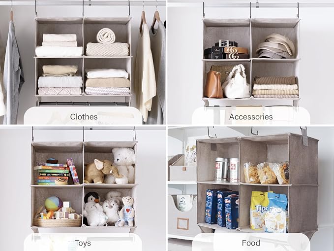 StorageWorks Hanging Closet Organizer with Rod, 4 Sections, 2 Tiers, Brown | Maximize Closet Space with 4 Open Sections and Built-in Rod for Hanging Clothes Below - Image 8