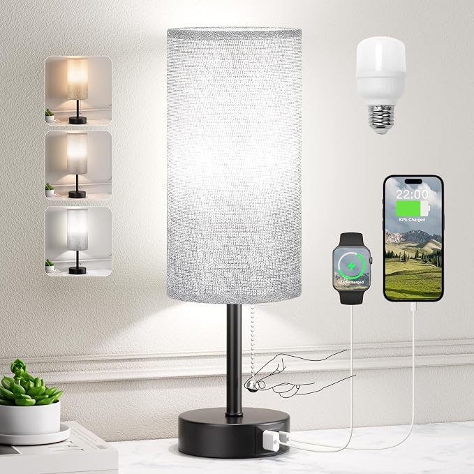 Grey Bedside Lamp for Bedroom Nightstand - Small Table Lamp with USB Ports | USB A+C Ports, 3 Color Temperatures, LED Bulb Included, Grey Fabric Shade, Black Base, 14" Tall Pull Chain Desk Lamp - Image 9