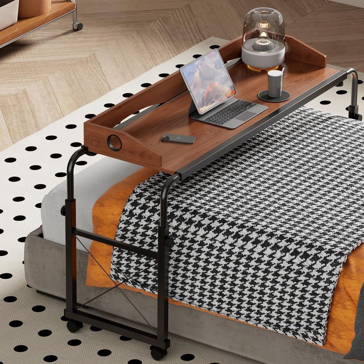 Overbed Table with Wheels, Adjustable Queen & King Bed Desk, Oaken by DAPOTUGI