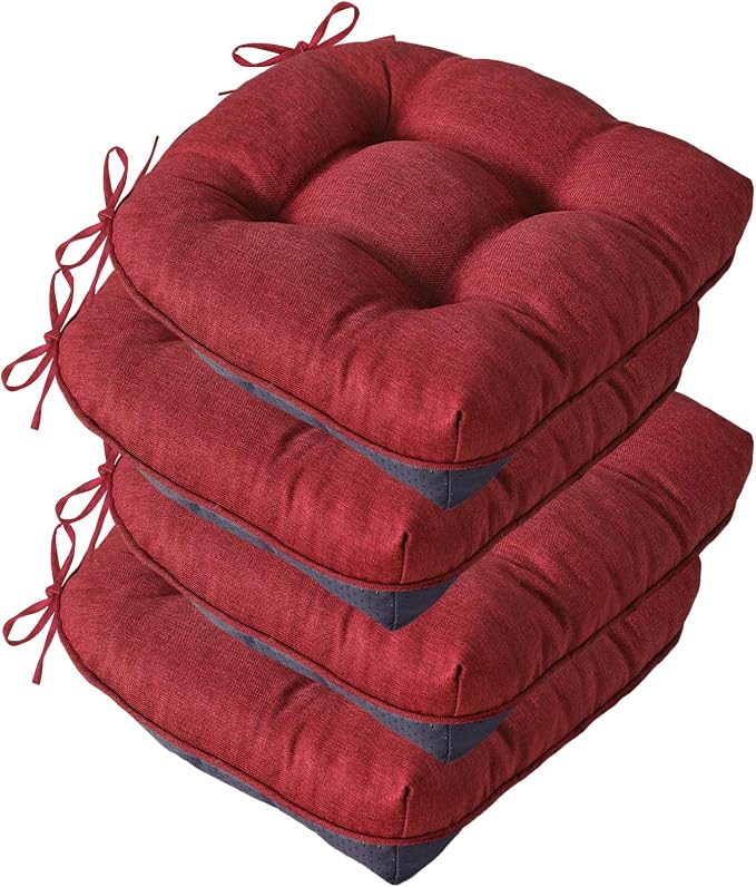 IASEAHK Chair Cushions for Dining Chairs, Seat Cushions for Kitchen Chairs, Indoor Seat Cushions with Ties, Tufted Foam Chair Pads, Non Slip Chair Cushions Set of 4, 15.5" x 15.5" x 4", Red by IASEAHK