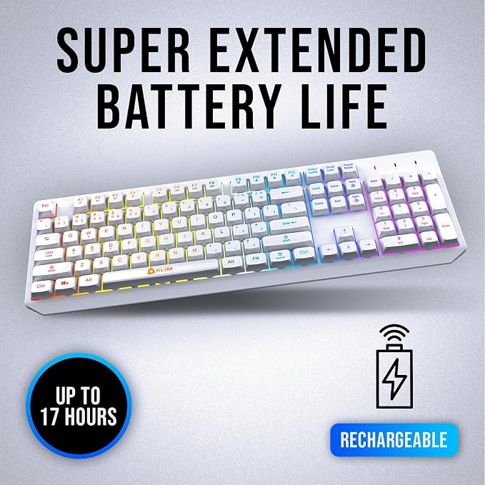 KLIM Chroma White Wireless Keyboard – RGB Backlit, Rechargeable Battery, Wireless Keyboard with Water-Resistant Durable Design, Compatible with PC, Mac, PS4, PS5 - Image 3