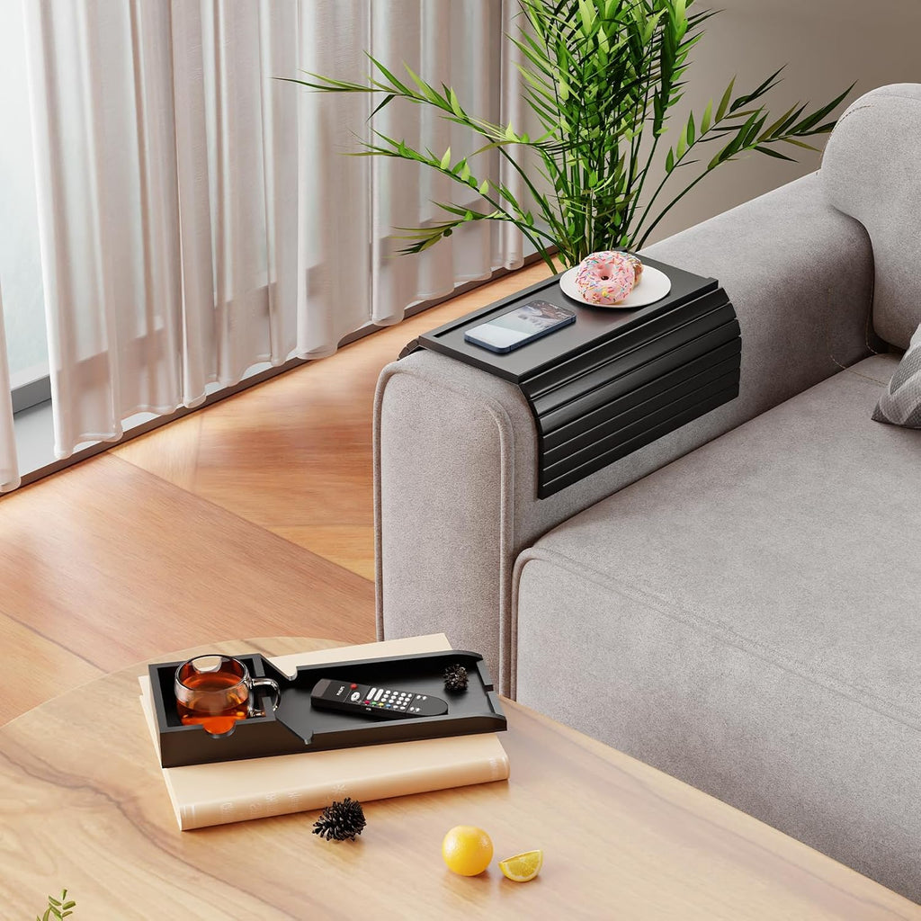 Bamboo Couch Armrest Table with Detachable Cup Holder Tray (Black) - Image 9