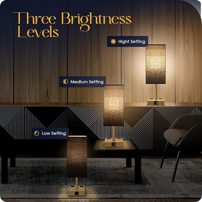 Bedside Lamp with USB Ports - Touch Control Table Lamp for Bedroom with USB C+A Charging Ports & AC Outlets, 3 Way Dimmable Nightstand Light for Living Room (LED Bulb Included, Brass - Black) - Image 4