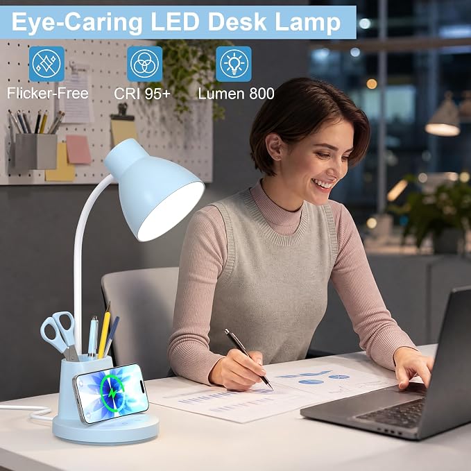 10W Wireless Charging LED Desk Lamp with Pen Holder, CRI 95, Blue | 800LM, 3 Modes, 360°Flexible Arm, Touch, Brightness, Table Lamp for Home Office, Dorm, Bedside, Study, Reading, with Adapter - Image 6