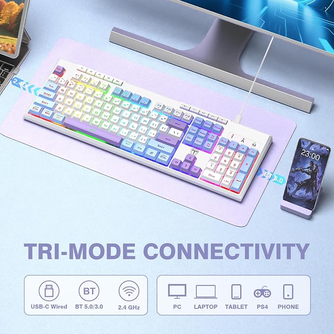 Wireless Gaming Keyboard, Tri-Mode, RGB Light up Backlit Creamy Keyboards | BT5.0/2.4GHz/USB-C, RGB Light up, Customizable Macro Keys, 26 Anti-ghosting Keys, 4000mAh Battery, Creamy Computer Keyboards - Image 2