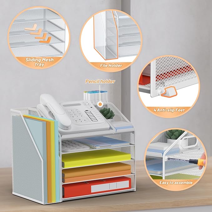 DocNest 5 Tier Metal Mesh Desk File Organizer with Phone Shelf, White | Desktop letter tray sorter features a 9.1x9.1 inch top phone holder, built-in sticky note compartment and pen holder - Image 4