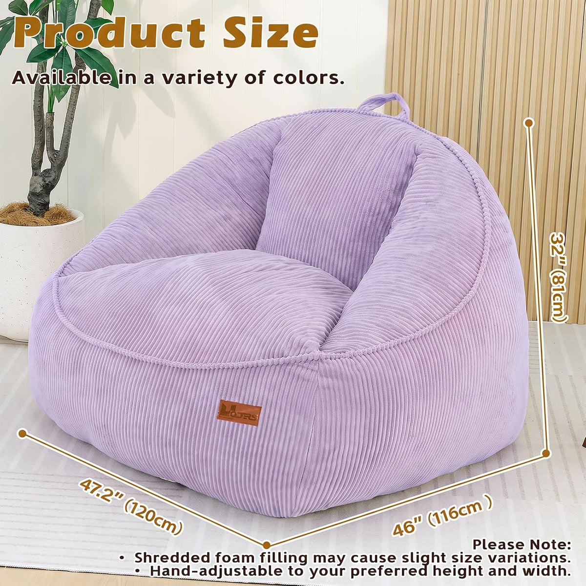 Giant Bean Bag Chair for Adults, Teens and Kids, Cozy Fluffy Corduroy Beanbag Chair with Filler, Large Floor Lounge Sofa for Living Room, Bedroom, Dorm, Gaming and Reading(L-Lightpurple) - Image 2