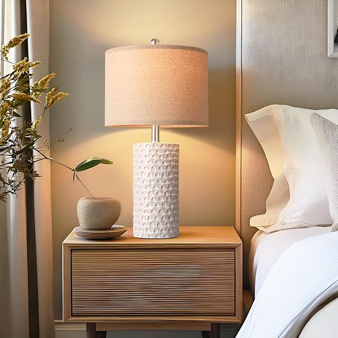 23" Modern Ceramic Table Lamp Set of 2, Table Lamps for Living Room, Rustic Farmhouse Bedside Lamps Nightstand lamp for Bedroom, White Desk Lamp for End Table Home Decor Beige - Image 6