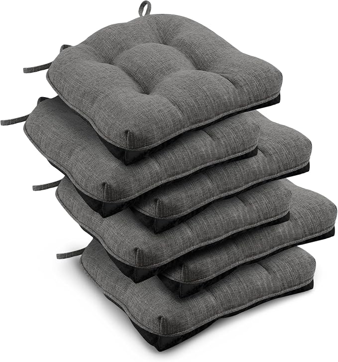 downluxe Indoor Chair Cushions for Dining Chairs, Tufted Overstuffed Textured Kitchen Chair Pads with Ties and Non-Slip Backing, 15.5" x 15.5" x 4", Dark Grey, 6 Pack by Downluxe