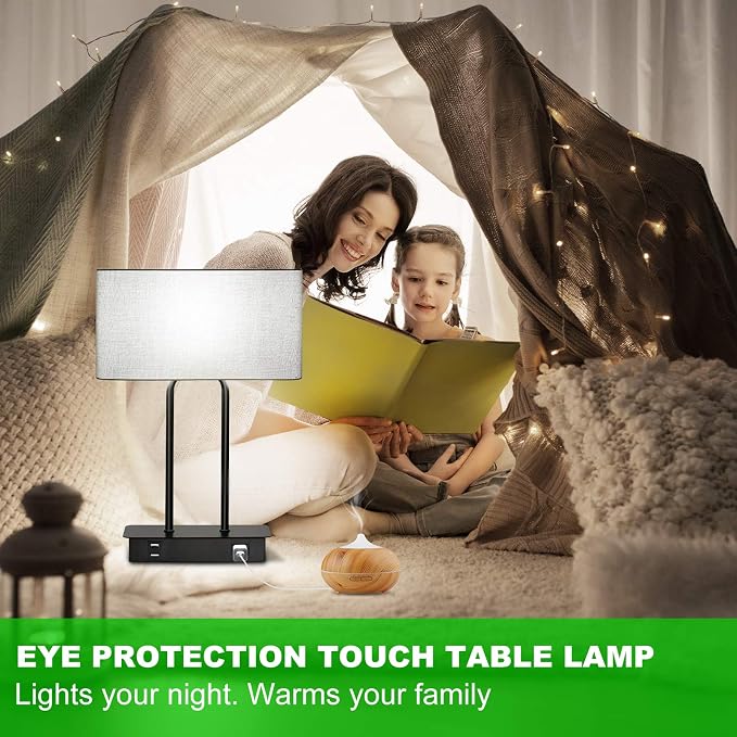 Bedside Touch Control Table Lamps, 3 Way Dimmable Nightstand Lamp | Dual USB Charging Ports 1 AC Outlet, Grey Fabric Shade, Desk Lamp for Bedroom Living Room with 5000K LED Bulb - Image 8