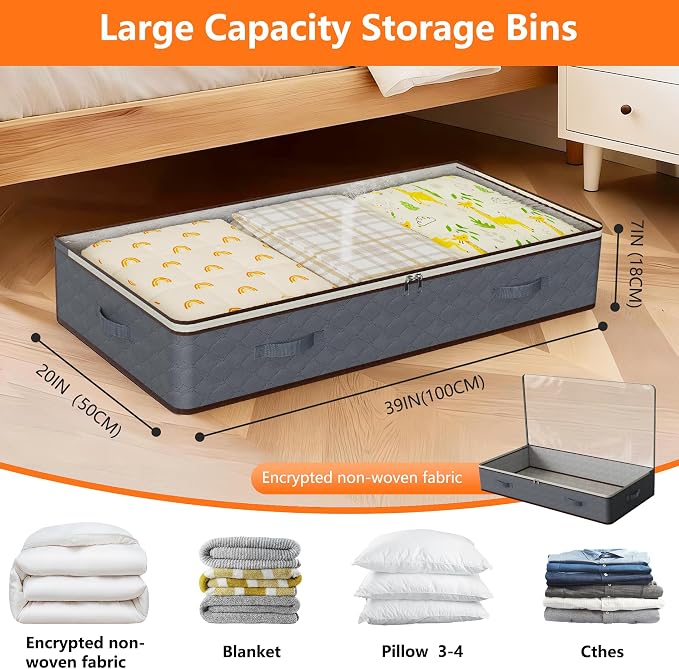 90L Under Bed Storage Containers,4-Pack Closet Organizer Storage Bins ,Grey | for Organization and Storage Clothes, Shoes, Blankets & Pillows,Visible Transparent Top Storage Bins with Lids - Image 2