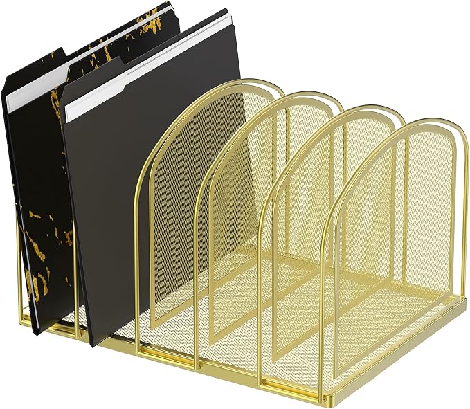 5-Section File Organizer for Desk, Metal File Folder Holder, Gold | 5 Vertical Compartments with Sturdy Metal Base for Office Documents Books Magazines and Laptop by SUPEASY