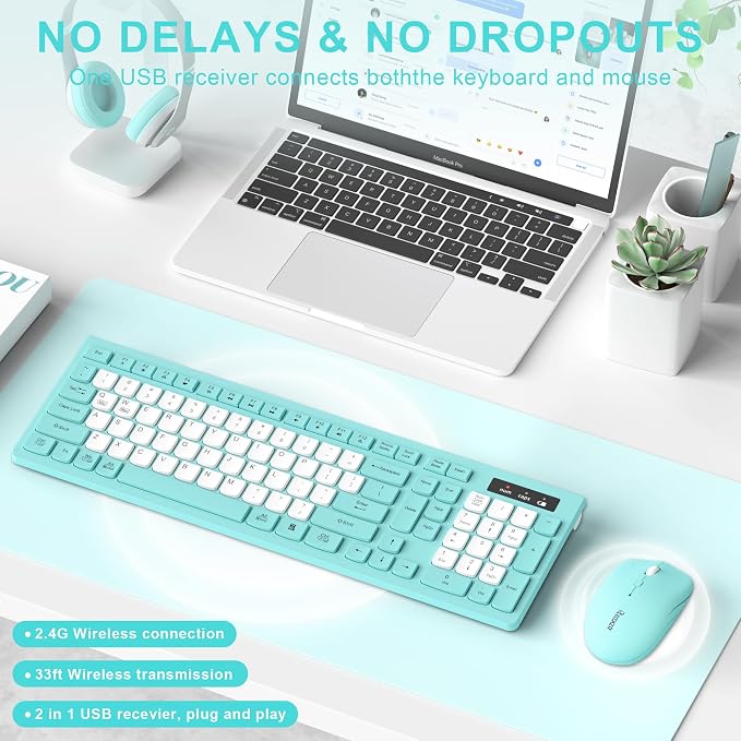 Wireless Keyboard and Mouse Combo Silent for Office and Home(Tifany Blue-B) | 2.4G Full Size Silent Cordless Keyboard with Tilt Legs,3-Level DPI Quiet Mouse,for Windows/Mac OS/Desktop/Laptop/PC - Image 2